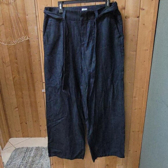NWT A.N.D. Dark Blue Wide Leg Linen Pants | Plus Size 14 | Belted Trousers - Picture 1 of 5
